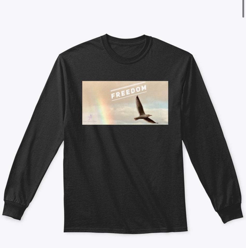 “Freedom” Collection for men, women and kids, a black Long Sleeve Tee with with word of “Freedom” and a flying bird.