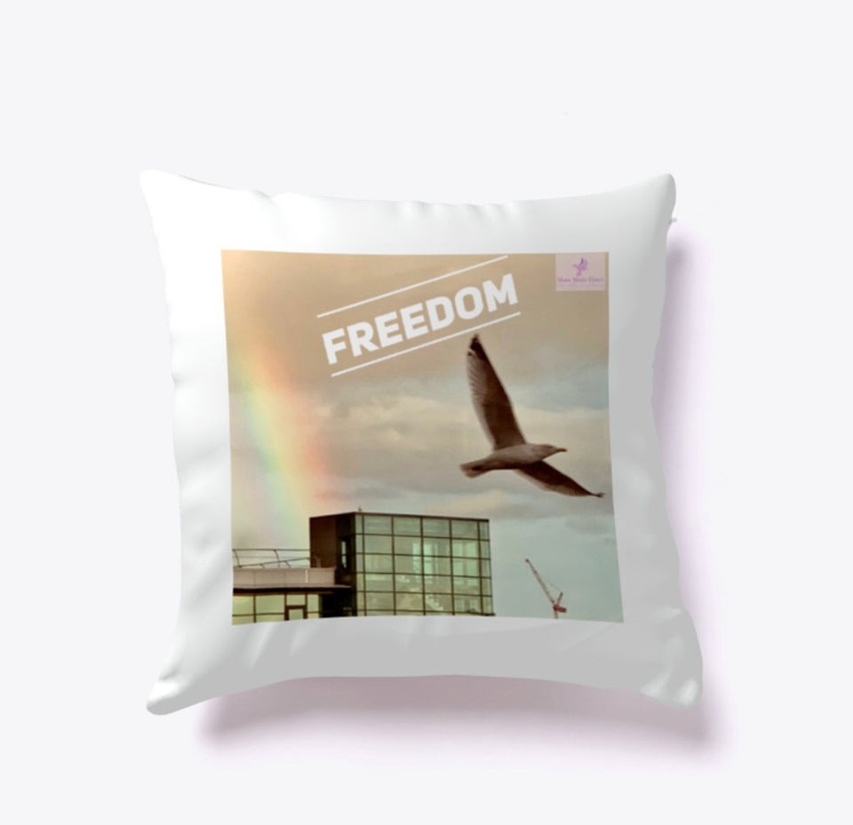 “Freedom” Collection, a white pillow with word of “Freedom” and a flying bird.
